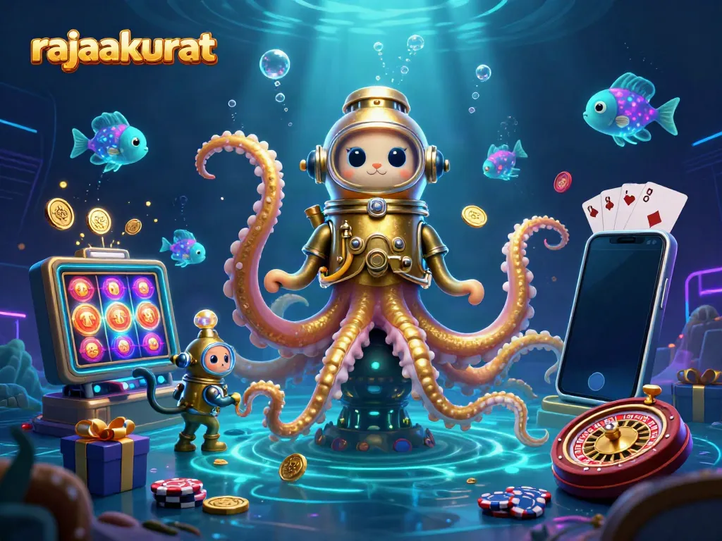 Rajaakurat menampilkan kraken 3D besar dan kucing penyelam, dikelilingi elemen permainan lotre digital.