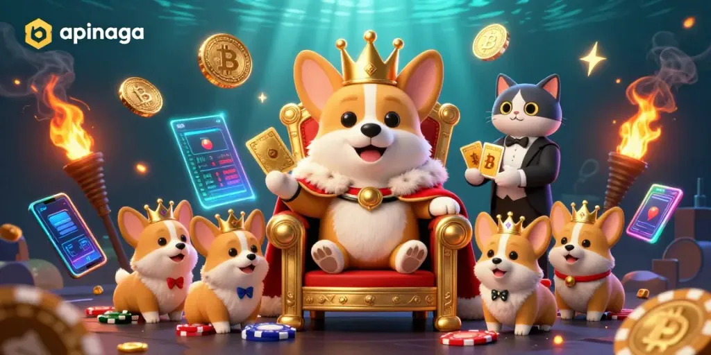 Experience thrilling gameplay at apinaga with a royal corgi surrounded by vibrant casino elements and crypto icons.