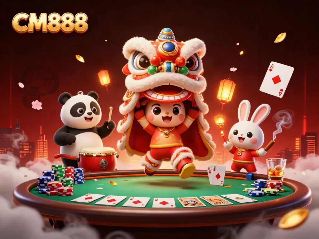 Experience excitement at CM888 with a vibrant casino scene featuring lion dance and poker elements.