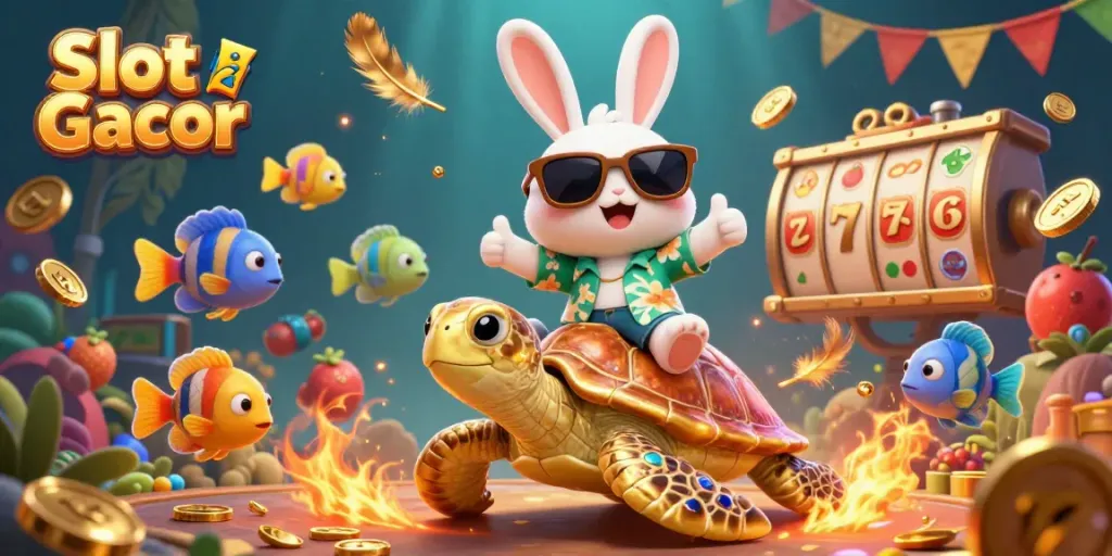 Experience the excitement of Slot Gacor with a vibrant illustration featuring a lucky rabbit and golden turtle amidst dynamic slot game elements.