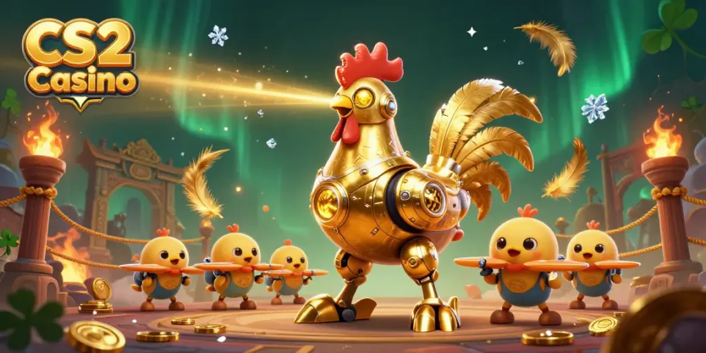 Engage in thrilling CS2 Casino gameplay with a retro-futuristic robot and baby chick drones.
