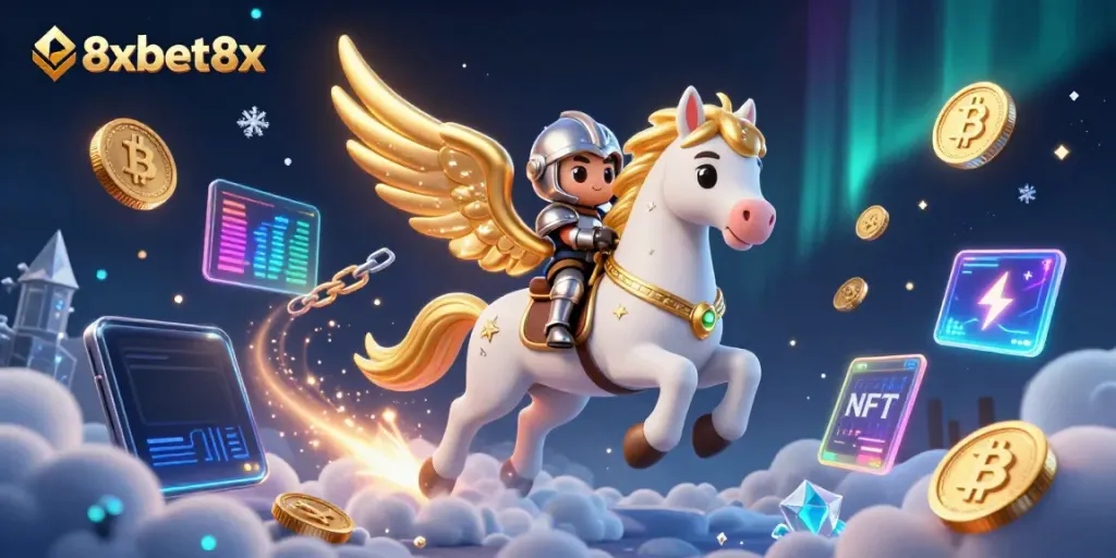 Experience the thrilling action of 8xbet8x with a dazzling celestial scene featuring a knight and crypto elements.