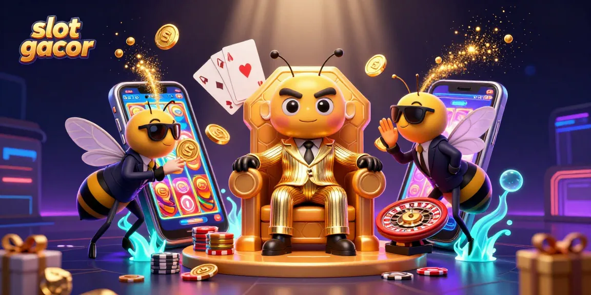 Permainan slot gacor dengan bumblebee bos di ruang mahoni, penuh koin emas dan kartu.