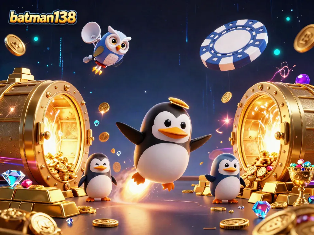 Experience the thrill of batman138 as a golden penguin rockets to a casino space station amidst dazzling treasures.