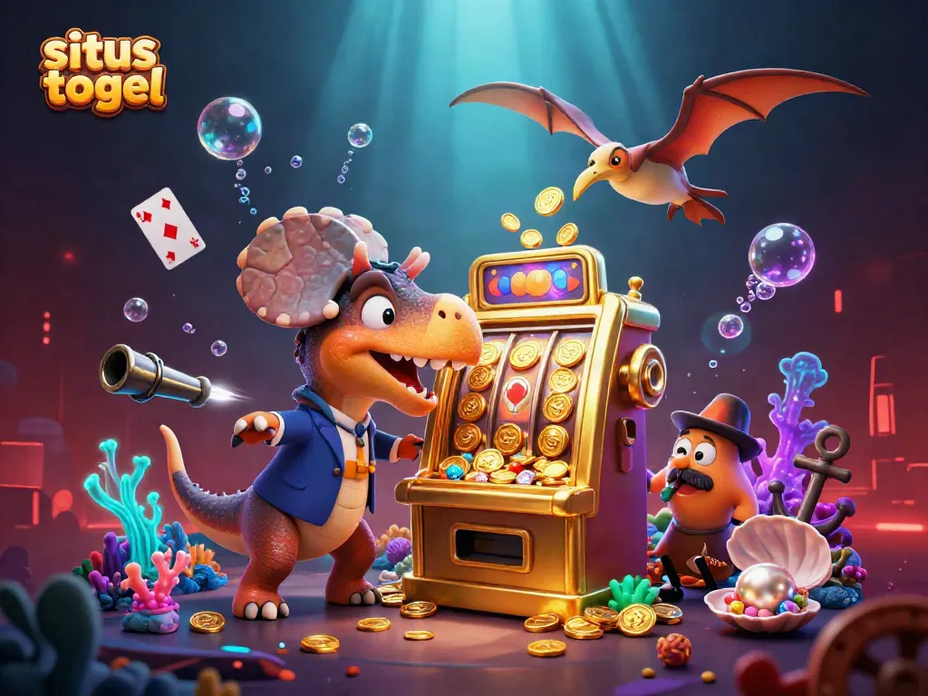 Visualisasi situs togel yang menarik dengan dinasaurus 3D berinteraksi dengan mesin slot emas.