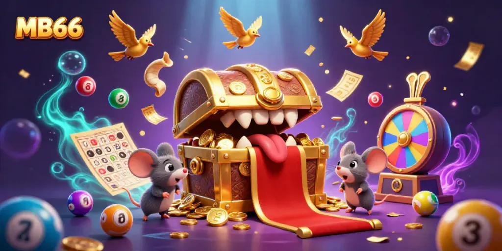 Engage with the exciting MB66 world of gaming riches and adventures in this vibrant 3D casino illustration.