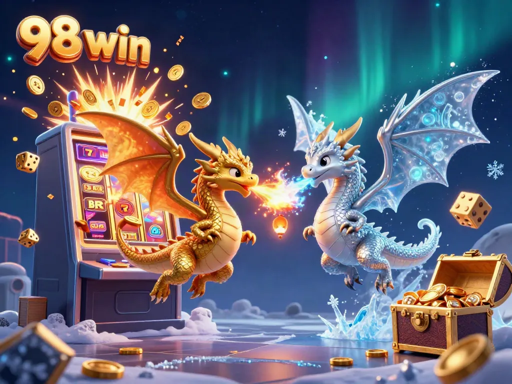 Experience thrilling gameplay with 98 win as golden and silver dragons battle in a vibrant casino world.
