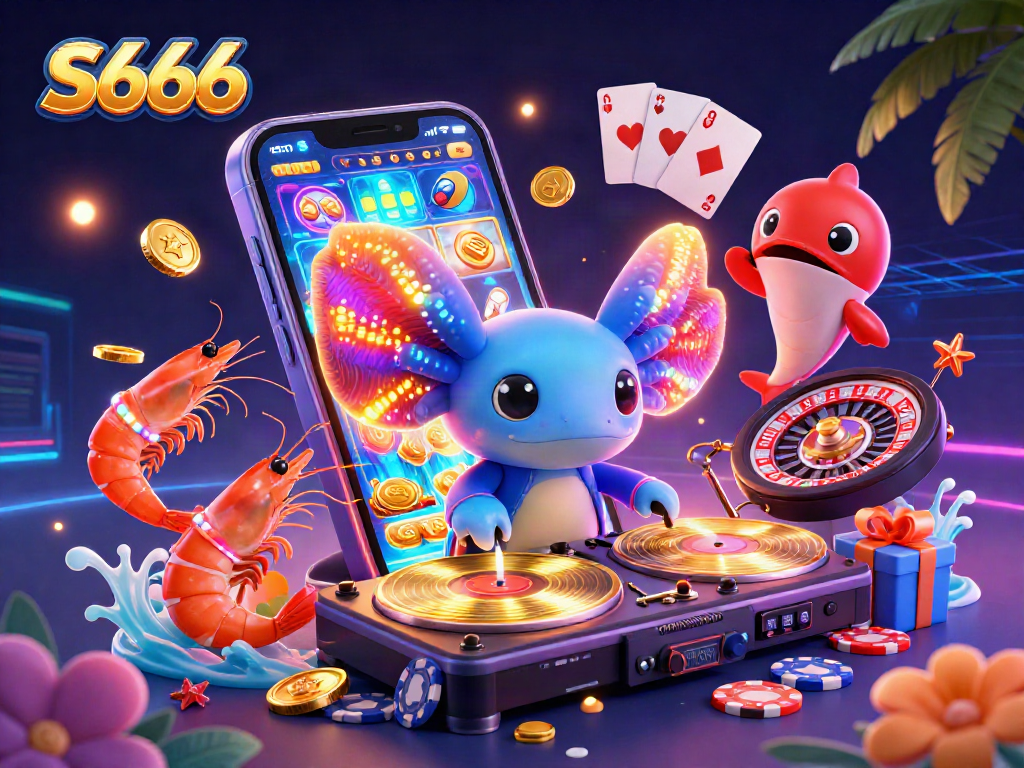 Spin the reels and win big at S666 with a vibrant neon casino scene featuring lively characters.