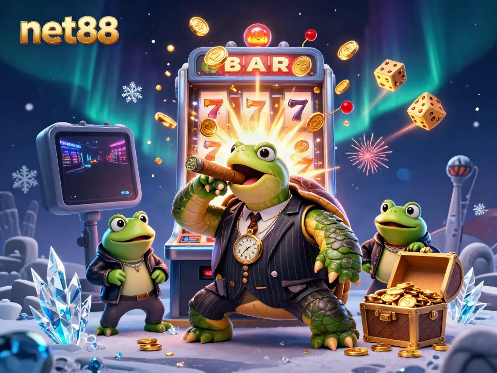 Experience thrilling gameplay with net88 featuring a cartoon turtle mobster surrounded by casino excitement.