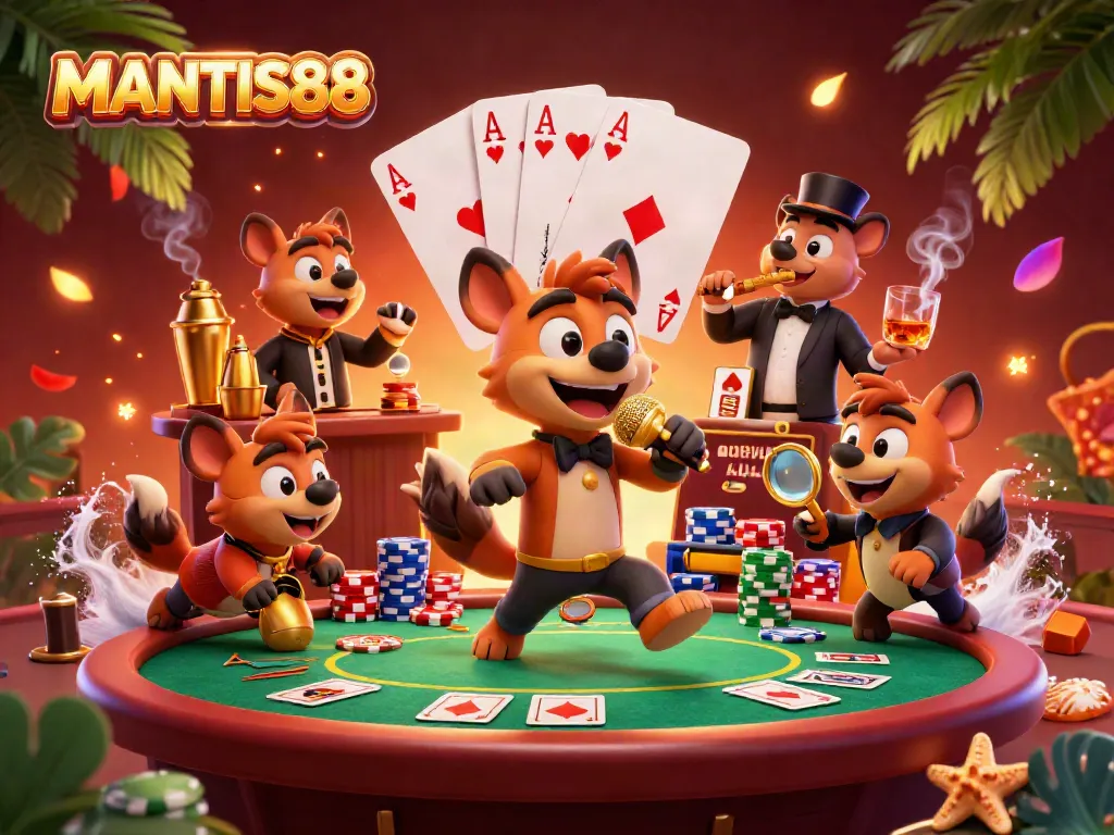 MANTIS88 showcases hyenas in a lively casino club with dynamic poker elements, blending comedy and excitement.