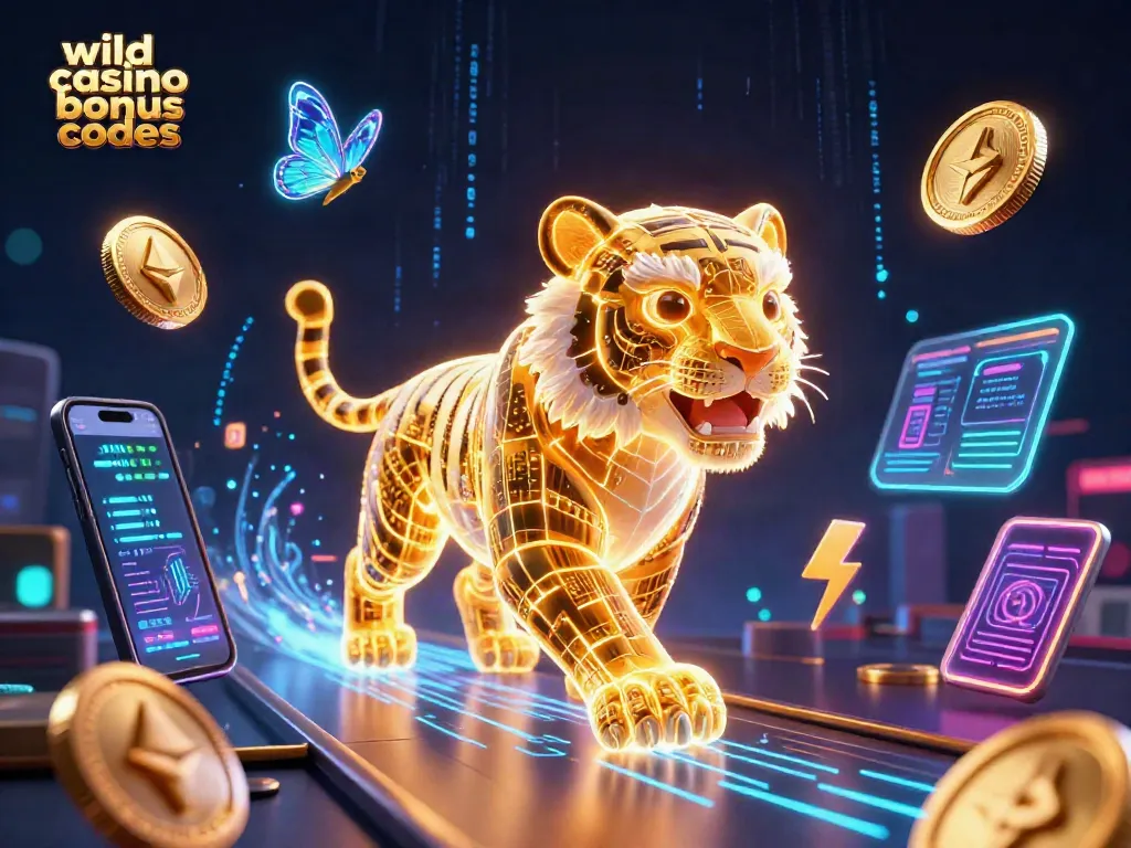 Engaging wild casino bonus codes showcase with a dynamic 3D casino scene featuring neon elements.