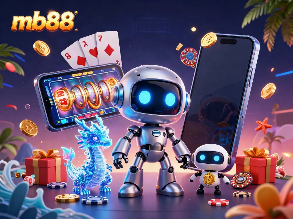 Play exciting games on mb88 with a futuristic robot and friends among vibrant casino elements
