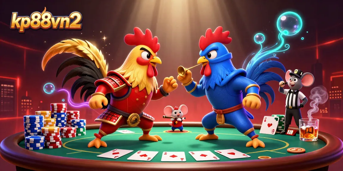 Bet on thrilling cockfighting at kp88vn2, featuring dramatic standoffs between roosters in a vibrant casino scene.
