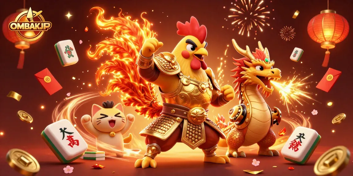 Engage in thrilling battles with OMBAKJP as vibrant warrior characters ignite excitement in this casino-themed scene.