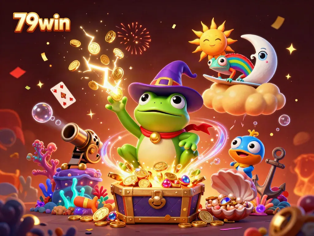 Join the fun and excitement of 79win as the wizard frog conjures gold coins amidst a vibrant gambling scene.