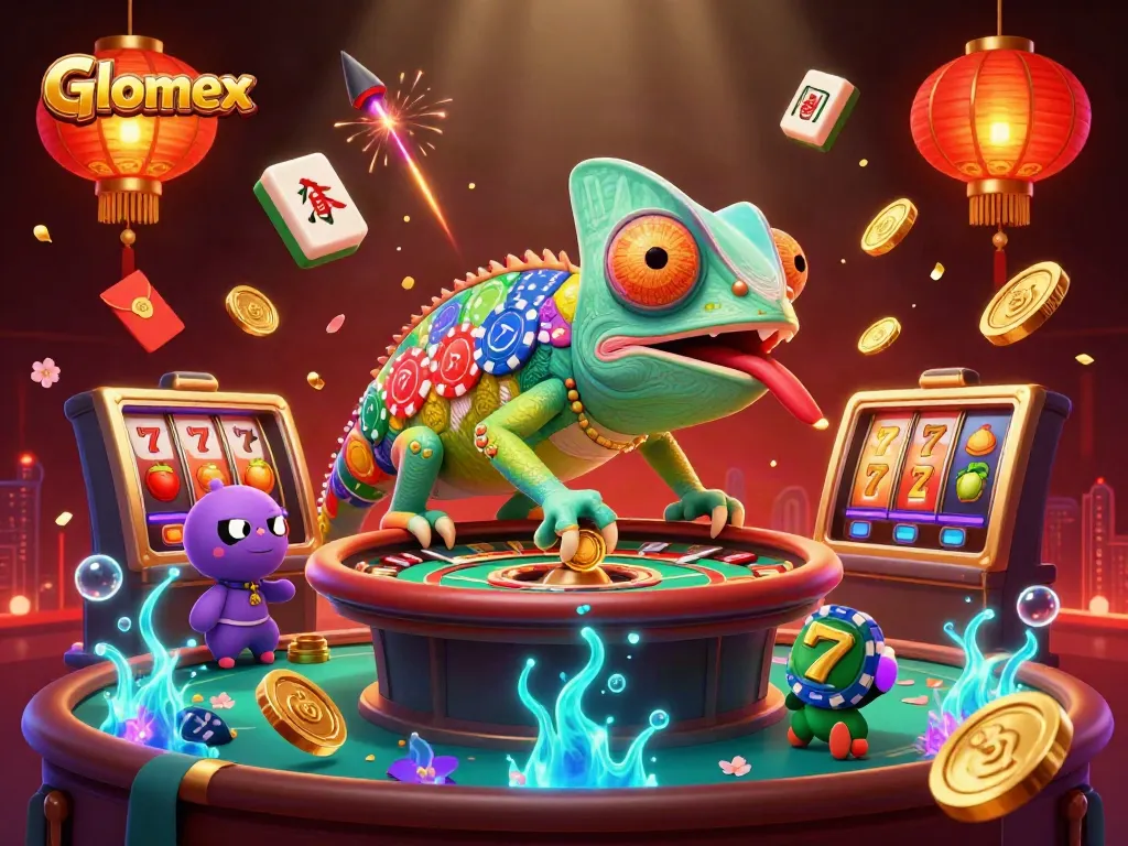 Glomex casino illustration featuring a vibrant chameleon owner, slot reels, and festive decor.