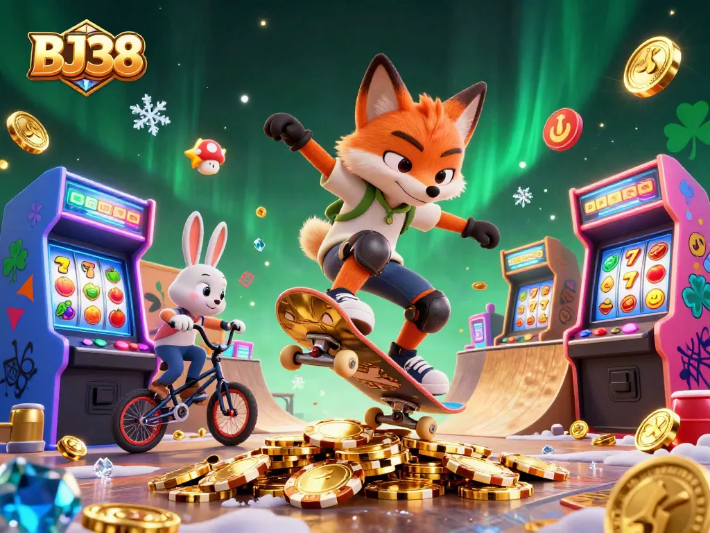 Skateboarder fox performs tricks in a vibrant casino scene featuring BJ38 elements.