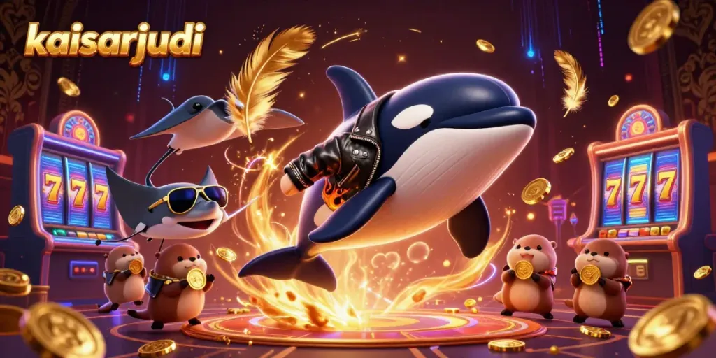 Kaisarjudi showcases an exciting casino scene with an orca whale, stingray, and otters in a vibrant 3D environment.