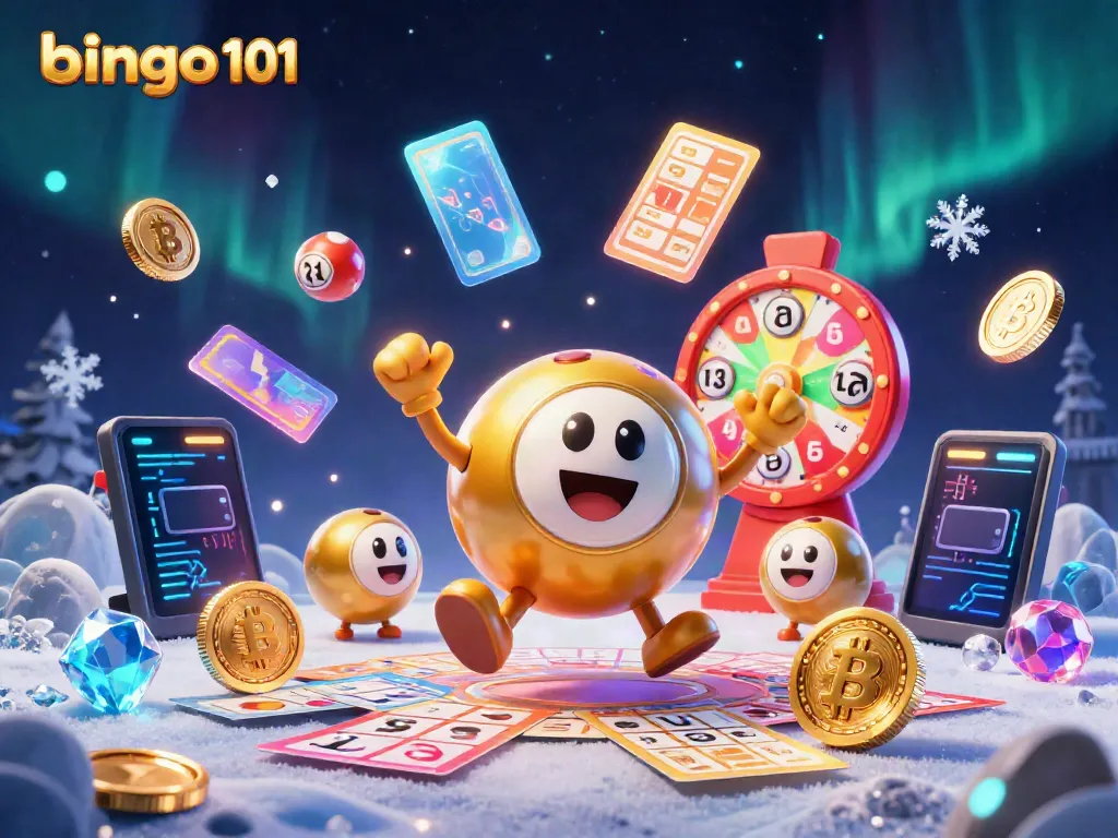 Bermain bingo 101 dengan warna cerah dan animasi menarik yang menunjukkan bola bingo dan kartu yang melambung di udara.