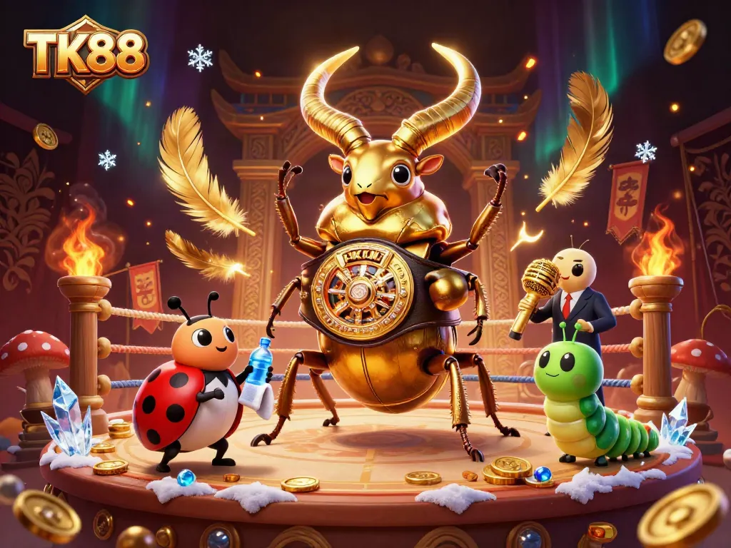 TK88 showcases a vibrant casino showdown between a golden stag beetle and colorful characters in a dynamic, lively scene.