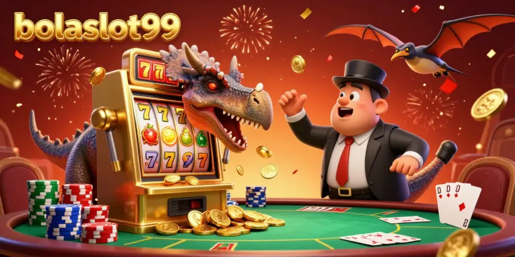 Witness the thrilling action as bolaslot99 features a dinosaur and a casino manager amid a jackpot celebration.