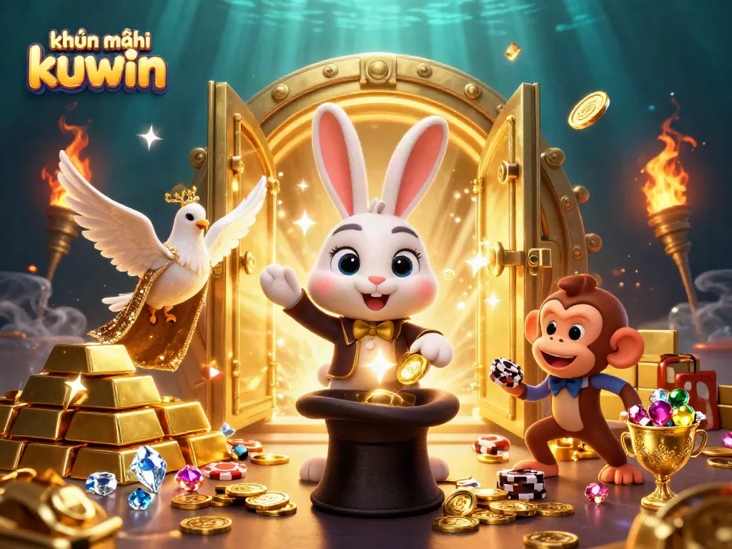 Join the action with khuyến mãi kuwin featuring a magician rabbit and treasure in this vibrant casino scene.