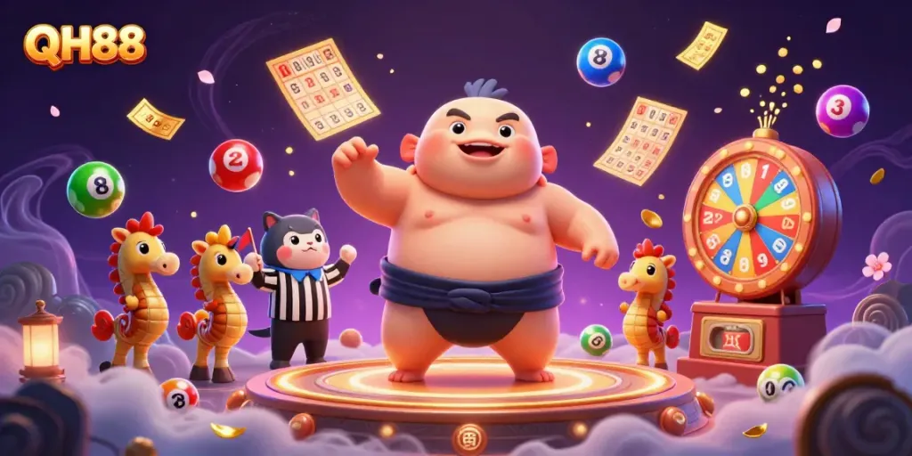 Experience the vibrant world of QH88 with a fugu in a sumo belt amidst a rich casino scene.