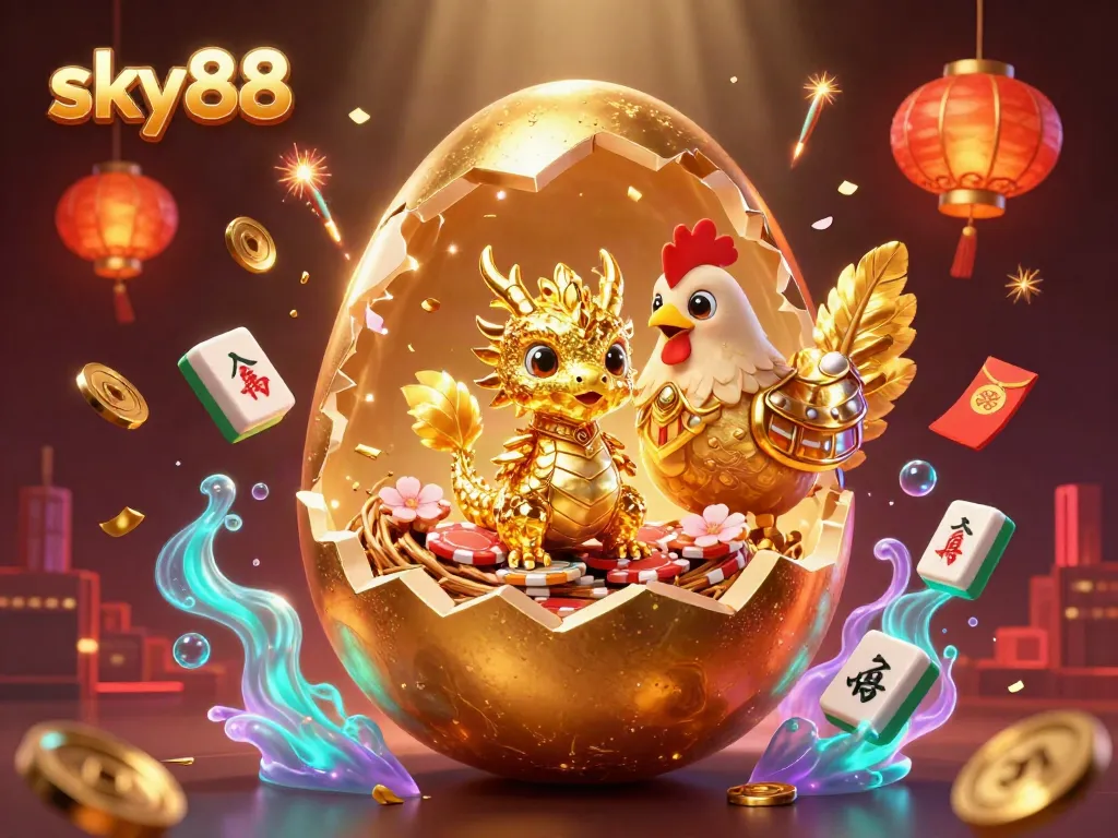 Experience the excitement of sky88 with a dazzling golden dragon surrounded by shimmering casino elements.