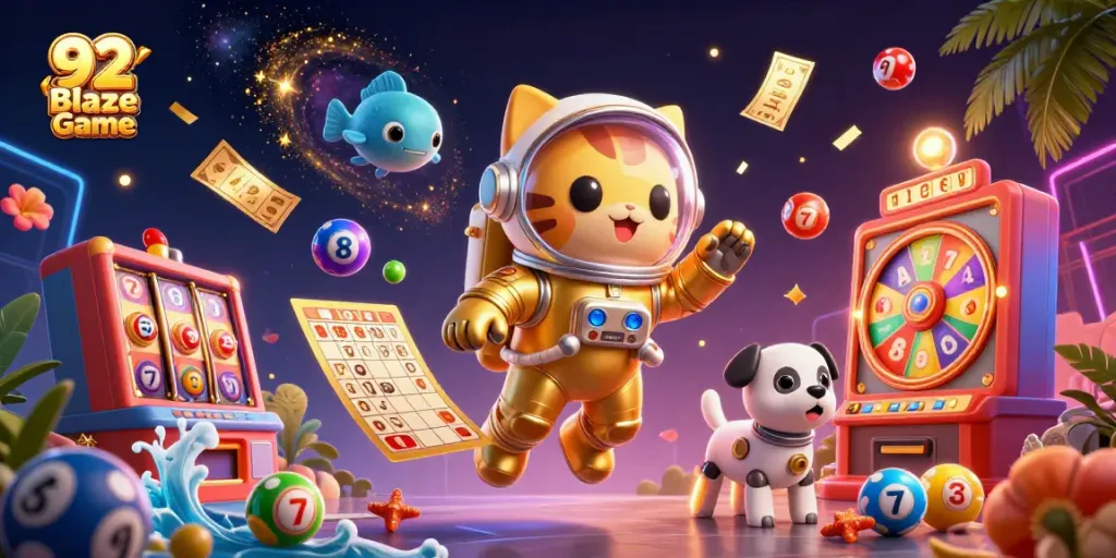 Win big with the 92 Blaze Game in a vibrant space-themed illustration featuring unique characters and casino elements.