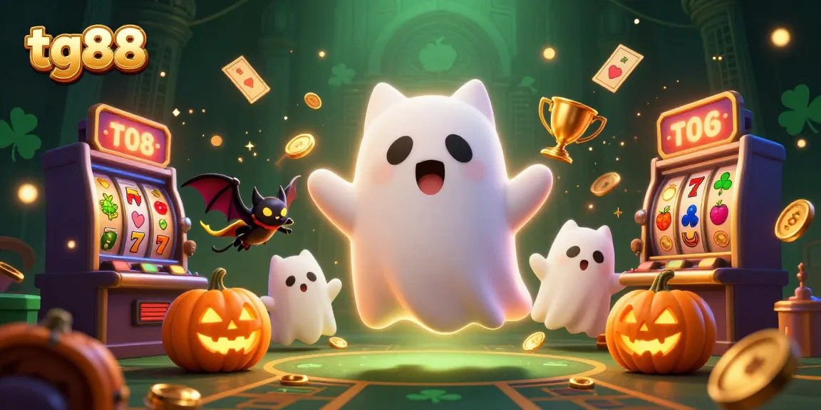Experience thrilling gameplay at tg88 with a floating ghost cat and vibrant casino elements.