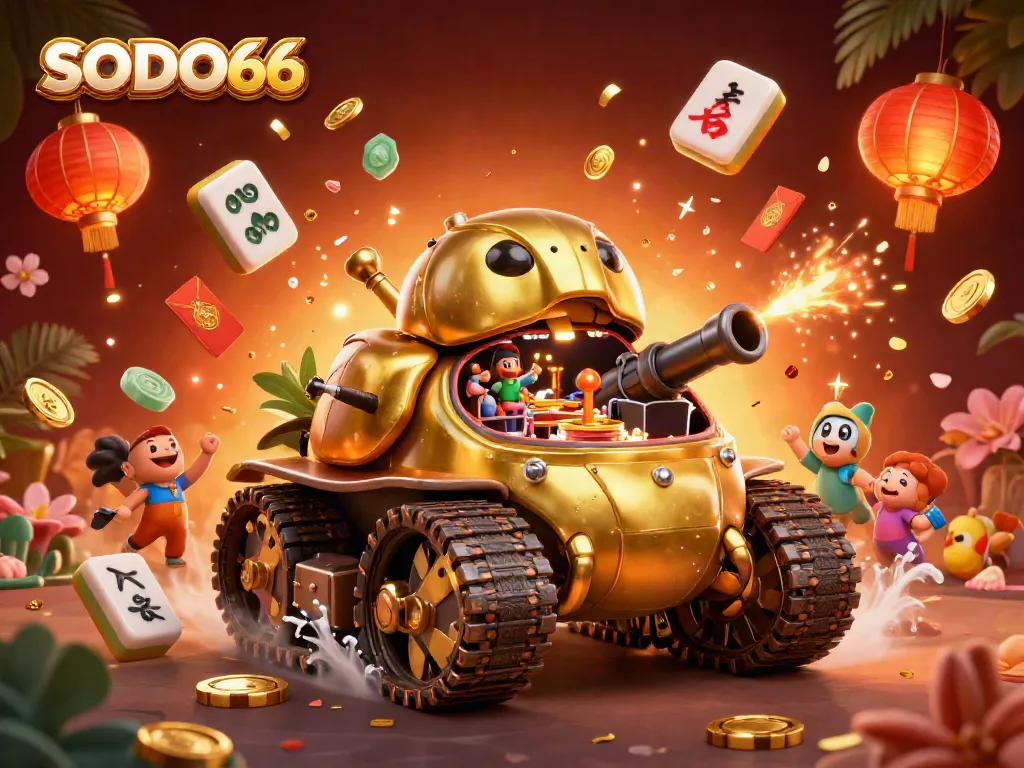 SODO66 captivates players with a 3D casino scene featuring a golden beetle tank and festive elements.