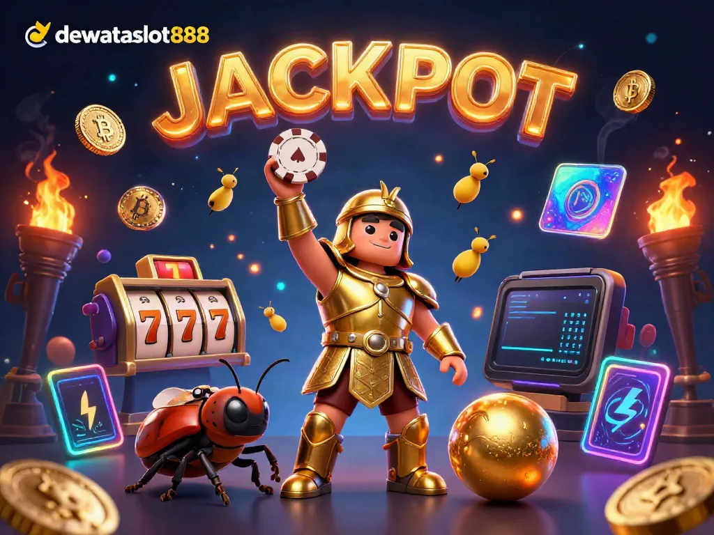 Mainkan jackpot di dewataslot888 dengan bug tempur, simbol togel, dan koin kripto berkilau.