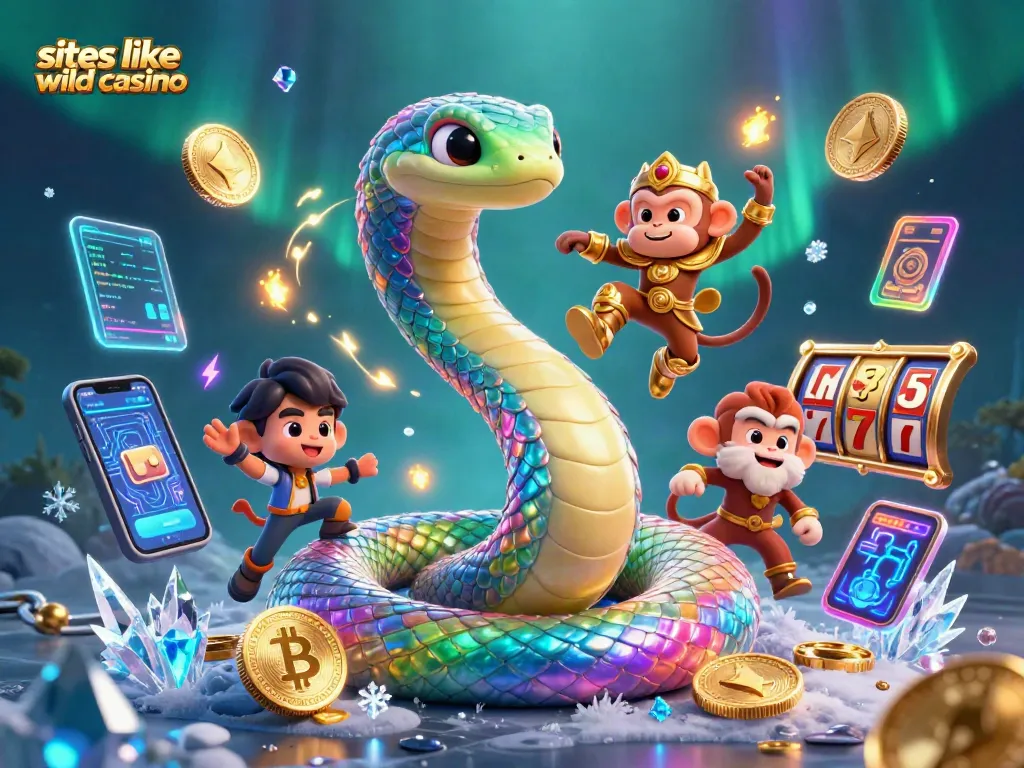 Experience the thrill of sites like Wild Casino with vibrant gaming elements and characters in a dynamic 3D scene.