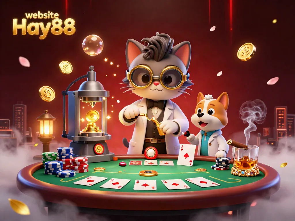 Engage with the exciting world of gambling at the website Hay88, featuring a dynamic 3D scene of a mad scientist cat and dog crafting gold coins amidst vibrant casino elements.