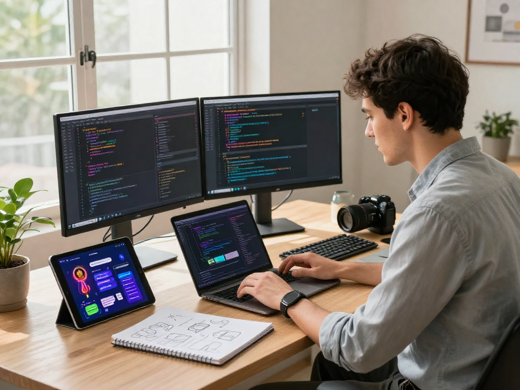 Developer using spicy ai technology in a bright office workspace, showcasing code and design tools.