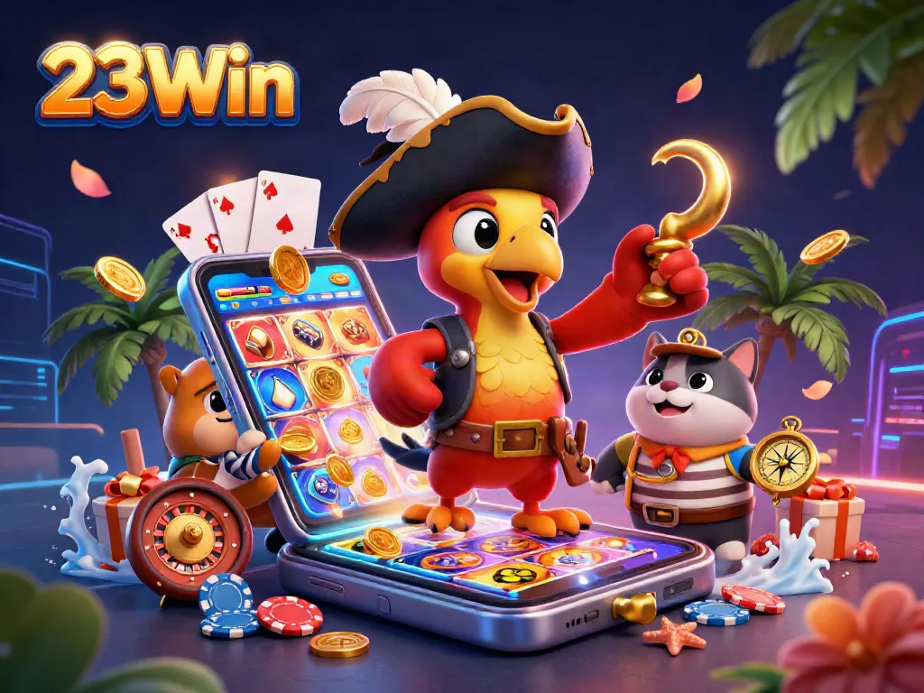 23Win showcases a vibrant scene with a pirate captain and casino elements engaging players in thrilling gaming.