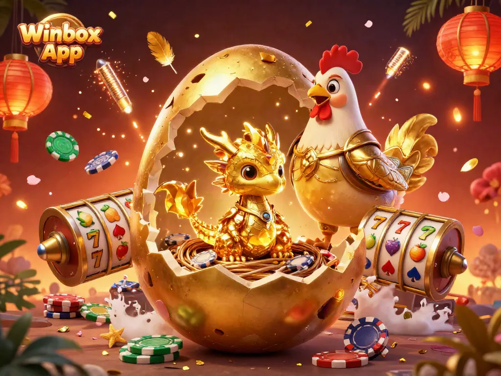 Engage with the Winbox App's vibrant casino world showcasing a baby dragon and golden poker chips.